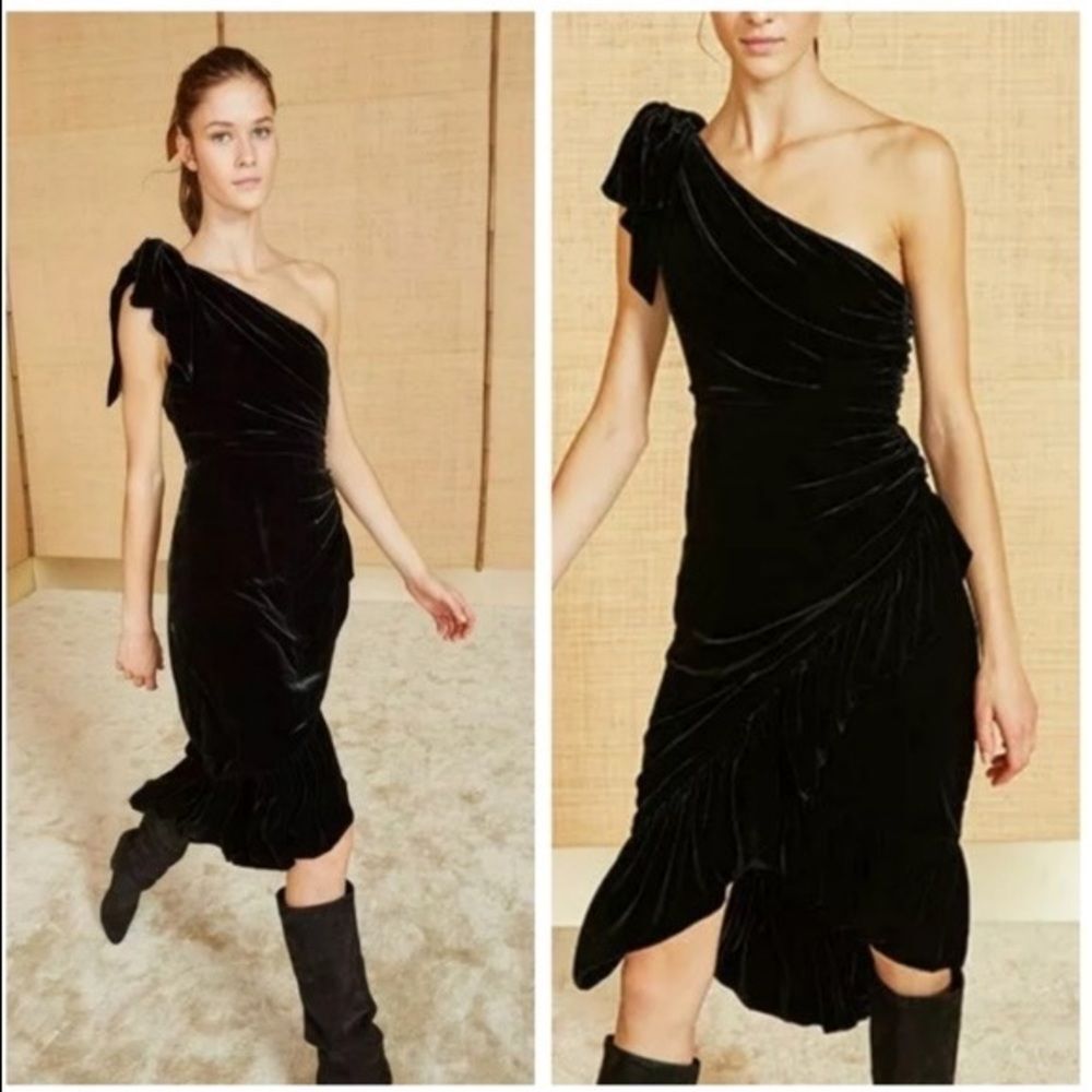 Ulla Johnson Velvet Black Ruffle ELISA ONE-SHOULDER DRESS